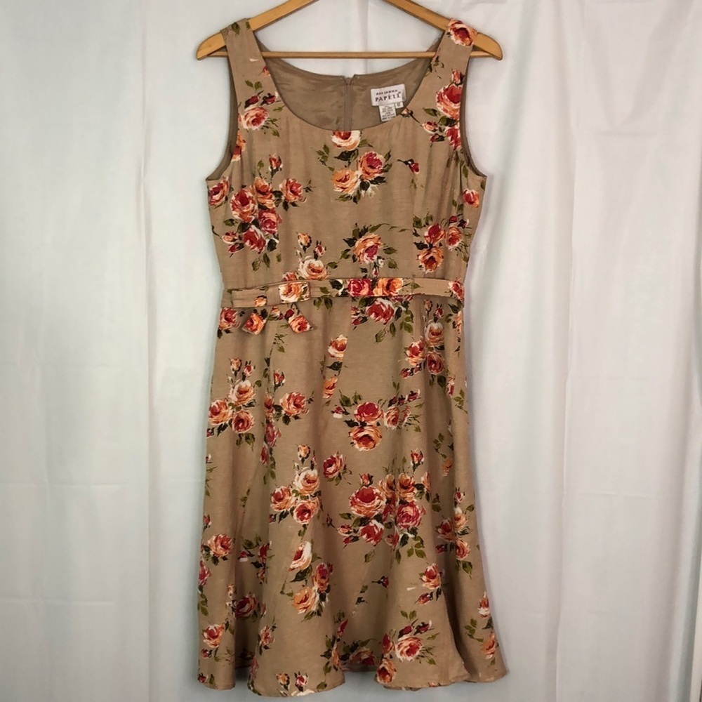 Adrianna Papell Sleeveless Linen Blend Flared Tan Floral Dress Size 12